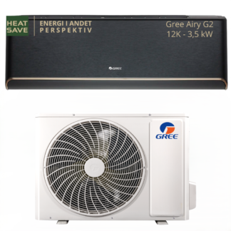 Shop 24 Gree Airy G2 12K, Sort luft/luft varmepumpe, luft til luft varmepumpe, varmepumpe komplet sæt